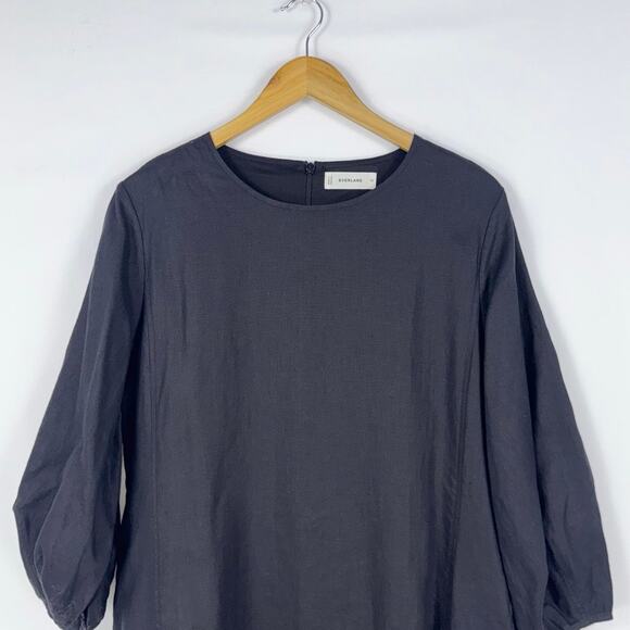 Everlane Women's The Linen A-Line Midi Dress Size 10 Black Puff Sleeve - Picture 5 of 16